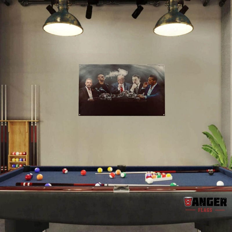 Banger Flags Banger - Top G Matrix Flag with Donald Trump, Elon Musk, Andrew & Tristan Tate and Jordan Peterson Around a Poker Table Motivational Inspirational Office Gym Dorm Wall Decor Design on a 3X5 Feet Flag - Image 4